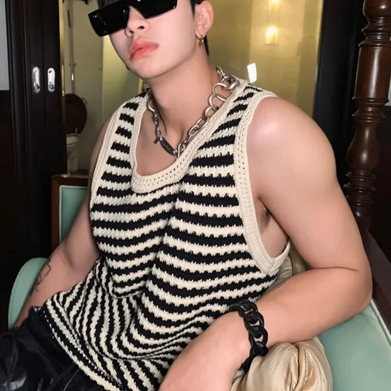 American Vintage Striped Knit Vest Mens Summer Outerwear Niche Loose-fit Casual Shoulder Vest Top 250813