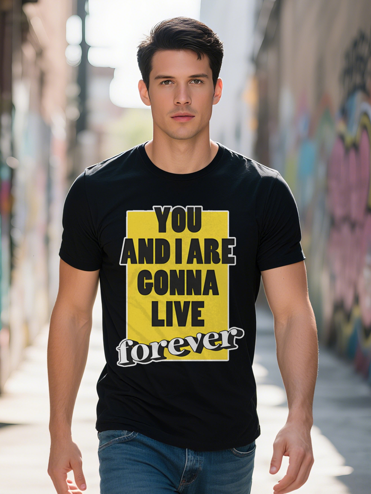 Men S Casual Crew Neck T-Shirt with You and I Are Gonna Live Forever Graphic Yellow Black Print Perfect for Summer