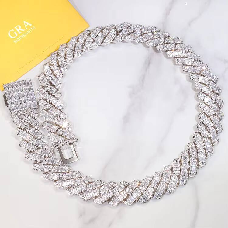 Hip Hop Fine Jewelry 925 Sterling Silver Baguette GRA Moissanite Diamond Cuban Chain Necklace for Rapper Men