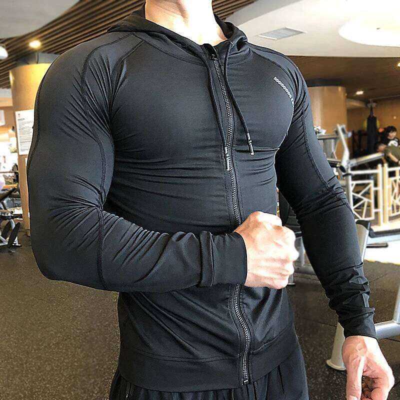 Compression Elastic Hoodies Men Sports Coats Running Fiess Hooded Gym Training Sportswear with Zipper Bodybuilding Sweatshirts