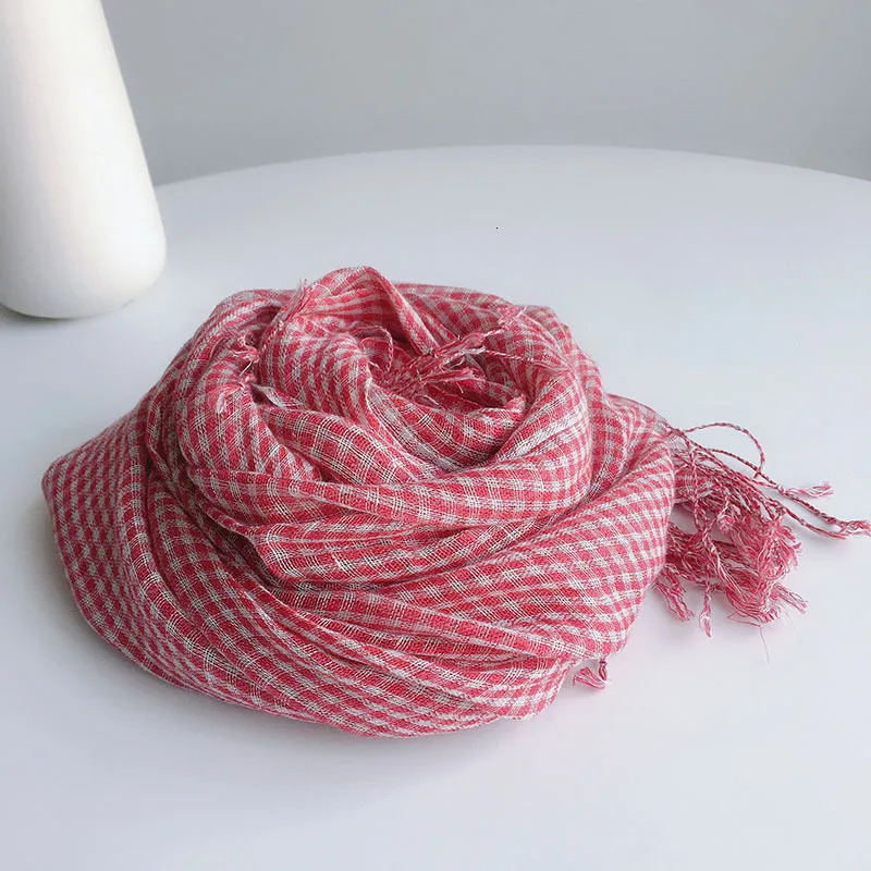 Spring/Summer Small Plaid Tassel Linen Scarf 250808
