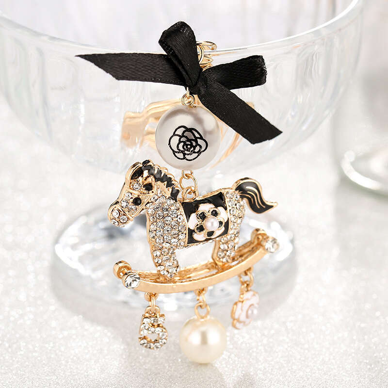 Korean Style New Diamond-Encrusted Carousel Car Pendant Bowknot Pearl Keychain Fashion Bag Accessories