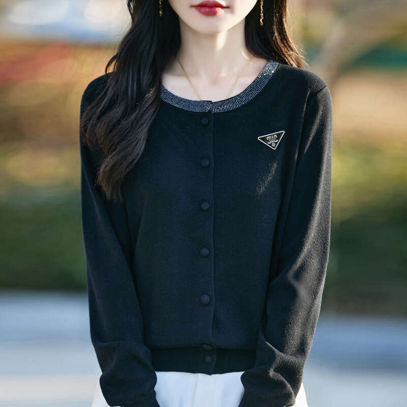 Spring New Round Neck Dia-set Women's Knitted Solid Color Cardigan Jacket Korean Loose Long-sleeved Sweater