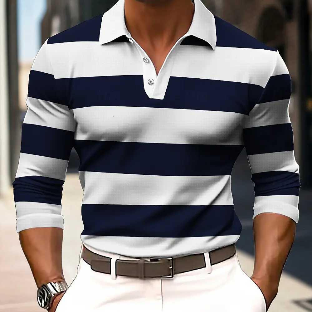 Mens Striped Rugby Long Sleeve Polo Shirt Lapel Shirt Sports Casual Outdoor Office Daily Wear Button Spring Autumn Winter XJ250804