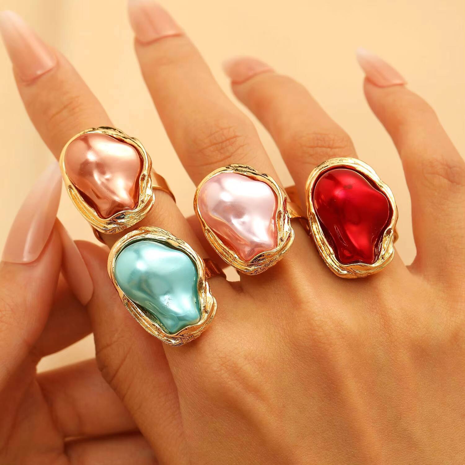 Irregular Alloy Baroque Inlaid Colorful Pearl Cross-Border Fashion Jewelry Ring