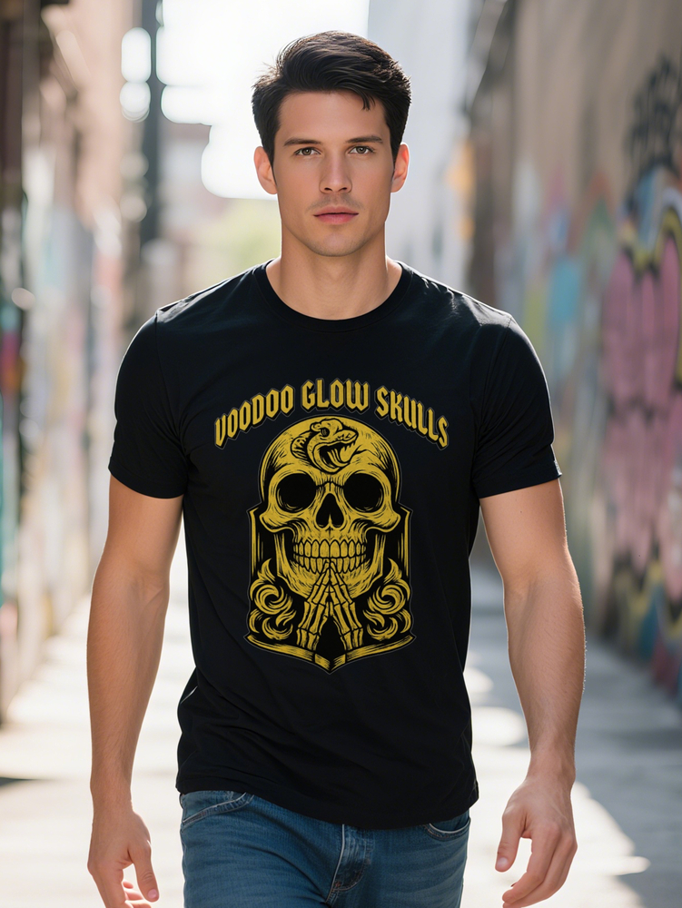 Men s Casual Graphic T Shirt Black Skull Snake Print with VOODOO GLOW SKILLS Design Round Neck Summer Tee Regular
