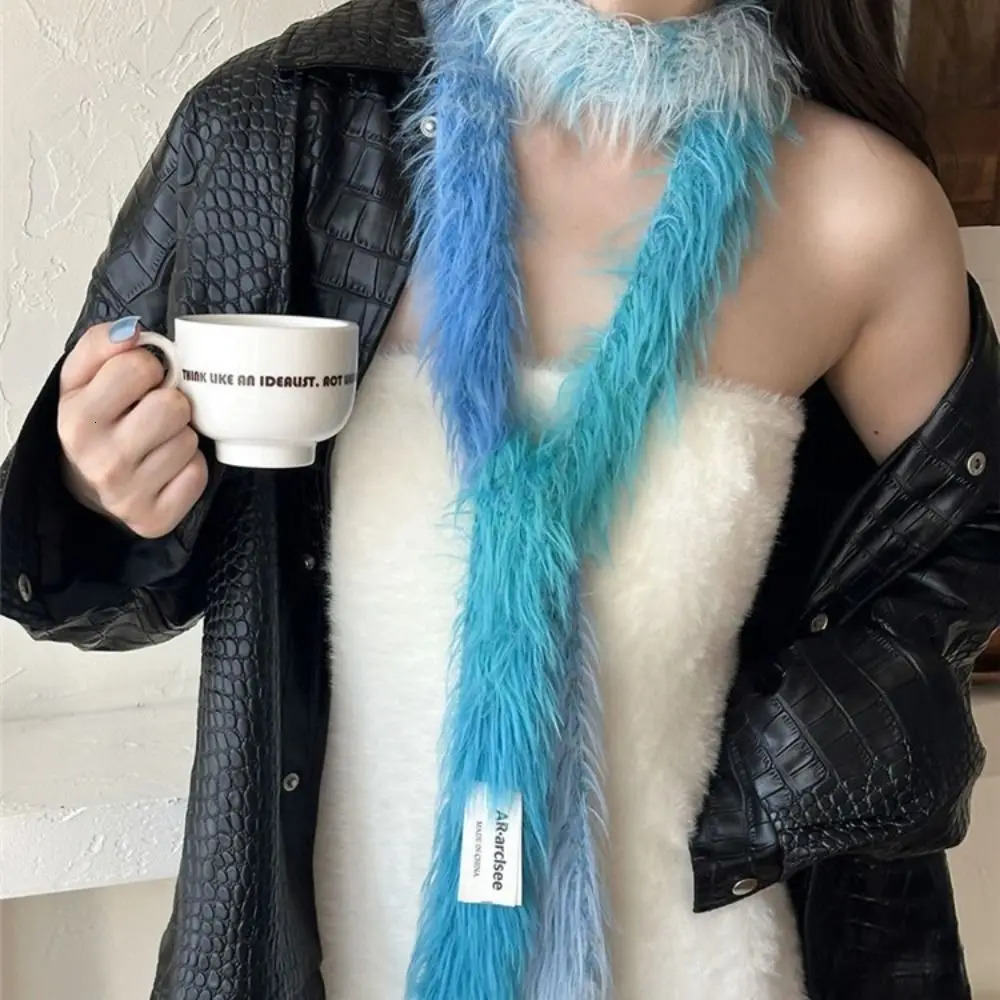 Sweet Korean Style Y2K Thin Scarf Rainbow Color Soft Long Narrow Scarves Faux Fur Neck Warmer Harajuku Plush Scarf Female 250808