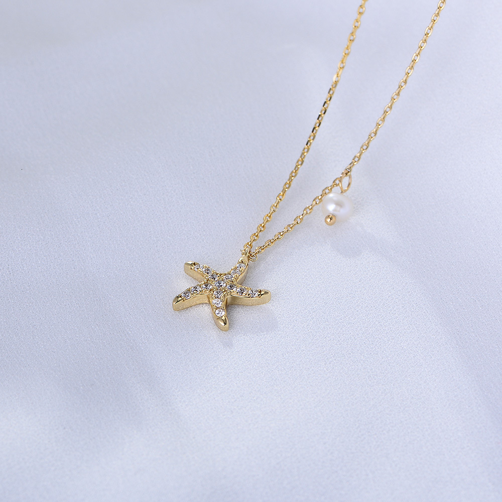 S Pure Sier Simple Full Dia Starfish Pentagram Short Clavicle Chain Pearl Necklace for Women with Unique Design and Light Jewelry for Women