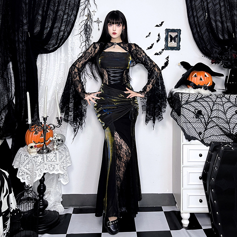 Stage Wear Halloween Sexy Women's Dress Vampire Cosplay Costume Perspective Lace Shawl Slim Fitting Suspender Fishtail Skirt Party Dress Up