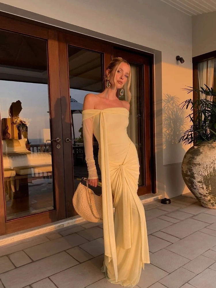 Off Shoulder Pleated Long Dresses Women Fashion Solid Slim Ribbon Hip Pocket Maxi Dress Lady Summer Chic Evening Party Robes 250813