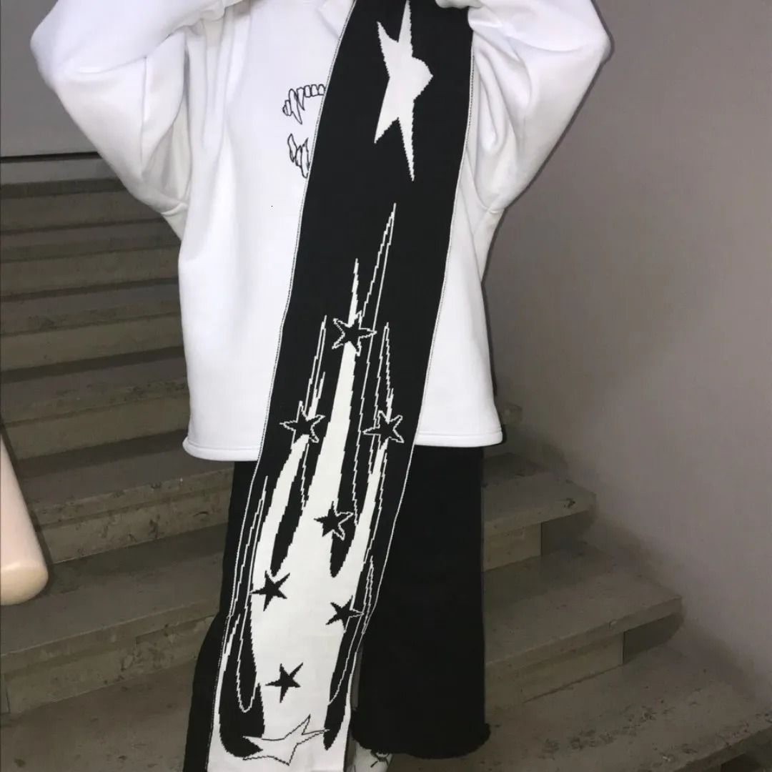 Fashion creative star Y2K striped knitted womens scarf mens winter scarf apron black tassel luminous Y2K Kpop 250813