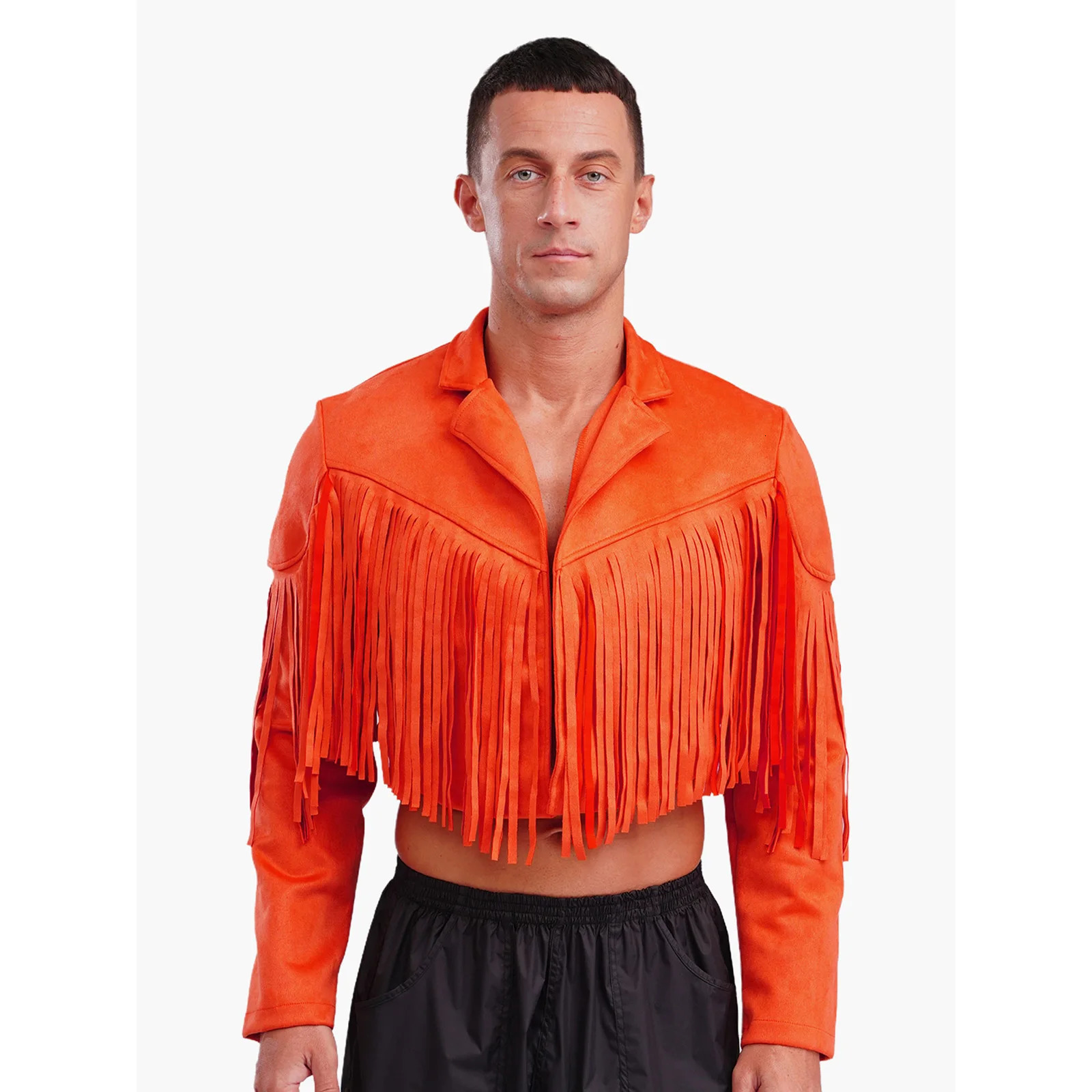 Mens Fringe Faux Suede Cropped Jackets Lapel Long Sleeve Open Front Cardigan 80s Hippie Western Cow Carnival Party Costume 250808