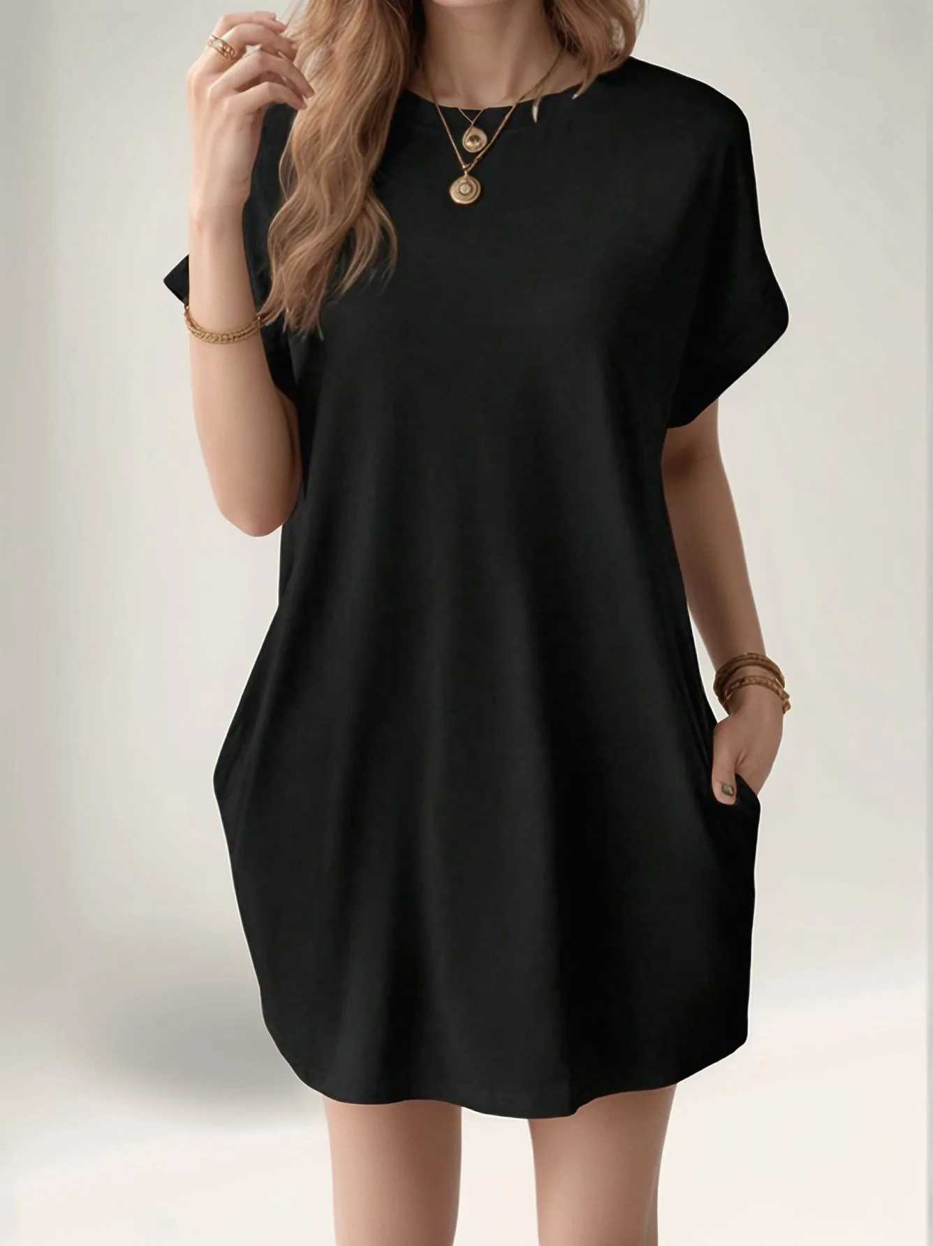 2025 European and American new casual solid color round neck batwing sleeve invisible pocket loose short sleeve dress XJ250814