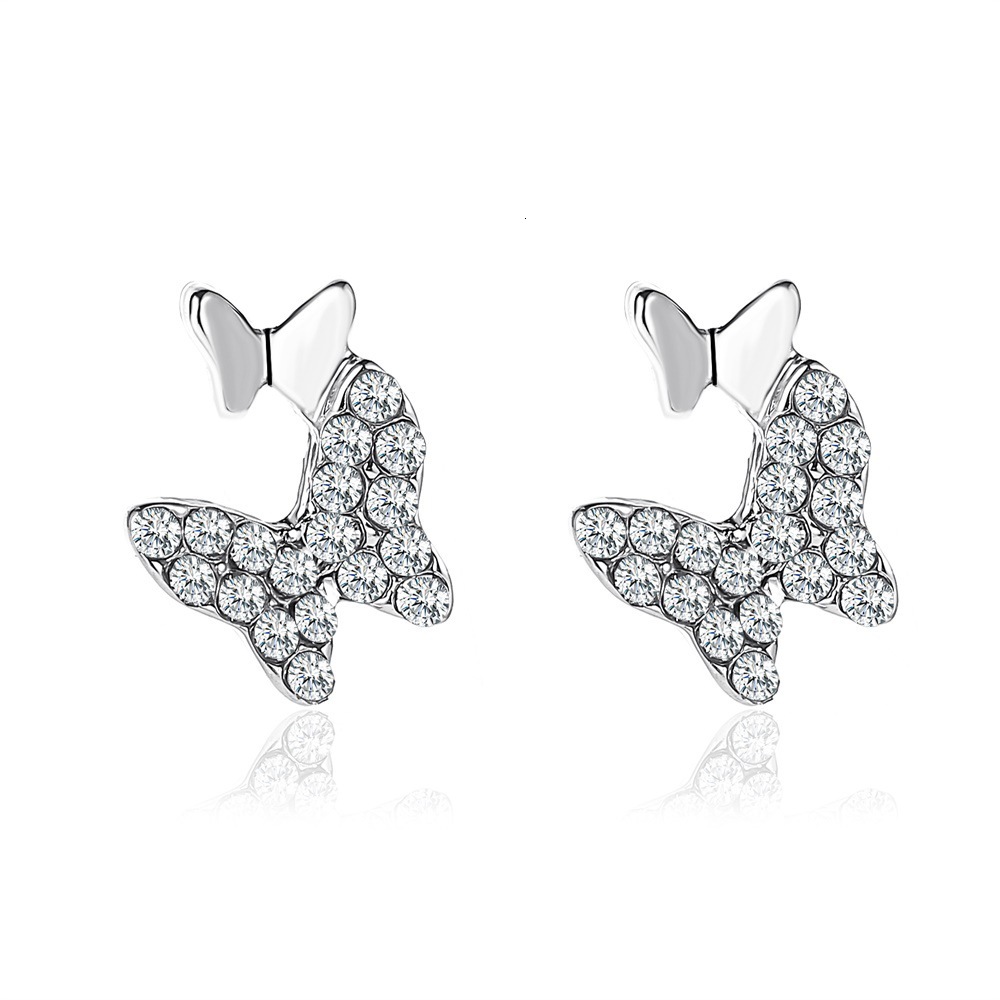 Korean Version Classic Elegant Two Butterflies Sweet Light Simple Rhinestone Butterfly Stud Earrings