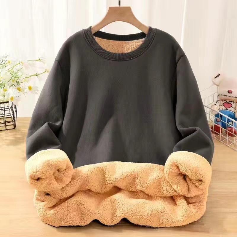 Lamb Wool Fleece Thickened Sweatshirt for Men Hoodless Solid Color Thick Warm Clothing Loose Pullover Crew Neck Autumn and Winter Season