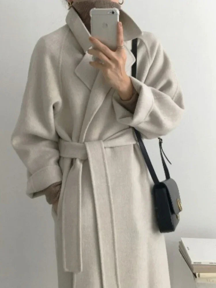 Long Wool Coats Women Midi Waist Lace Up Belt Blends Splice Full Sleeve Cardigan Solid Thick Warm Jackets Straight Winter 250813