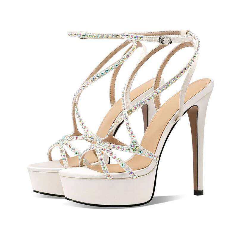 Arden Furtado 2025 Summer Silk Round Open toe Platform Super high heel Sexy Crystal word-cingulate Ankle Strap Sandals
