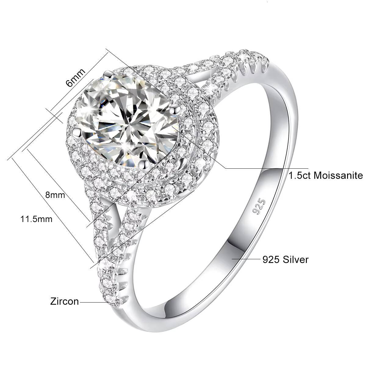 Classic Fine Jewelry 1.5 Carats Oval Cut Moissanite Dia Ring VVS1 D halo Sier White Gold Engagement Rings for Women