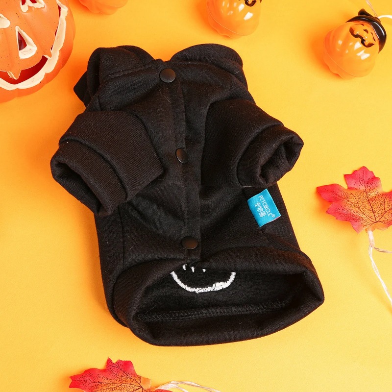 Skull Halloween Pet Sweater Clothes Dog Cat Black Thickened Funny White Skull Embroidered Button Hooded Jacket