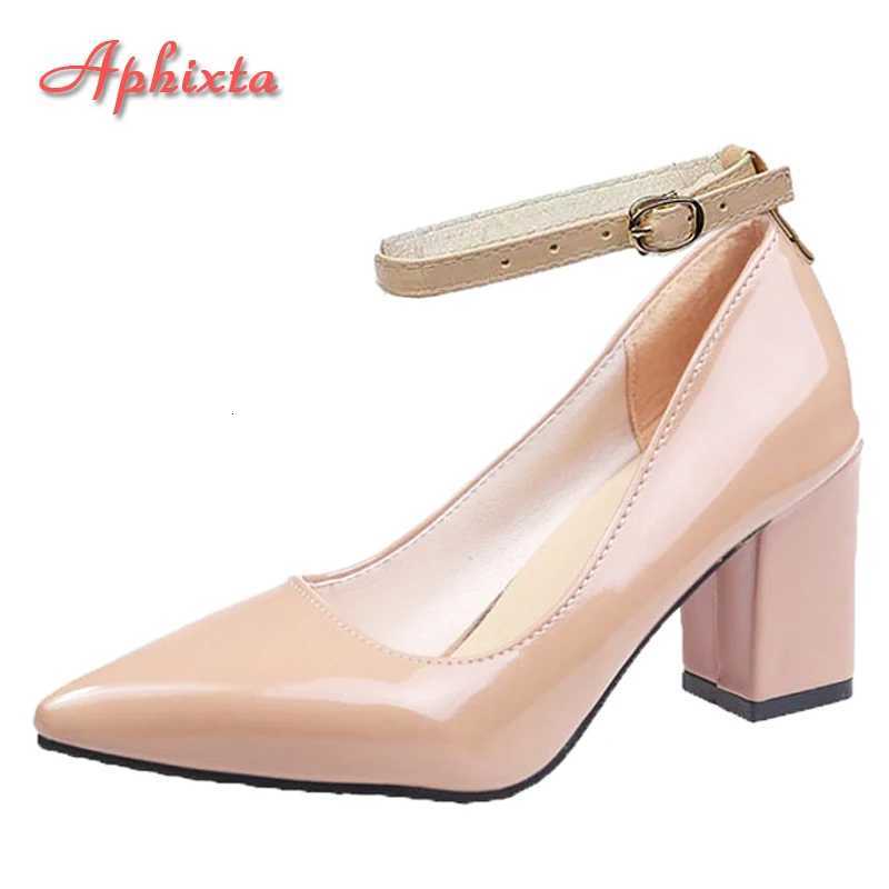 Aphixta New 2.75Inch Pimp Buckle Patent Leather Shoes Women Pumps Leisure Red Fashion Official Pointed Toe Plus Size 50 W250814