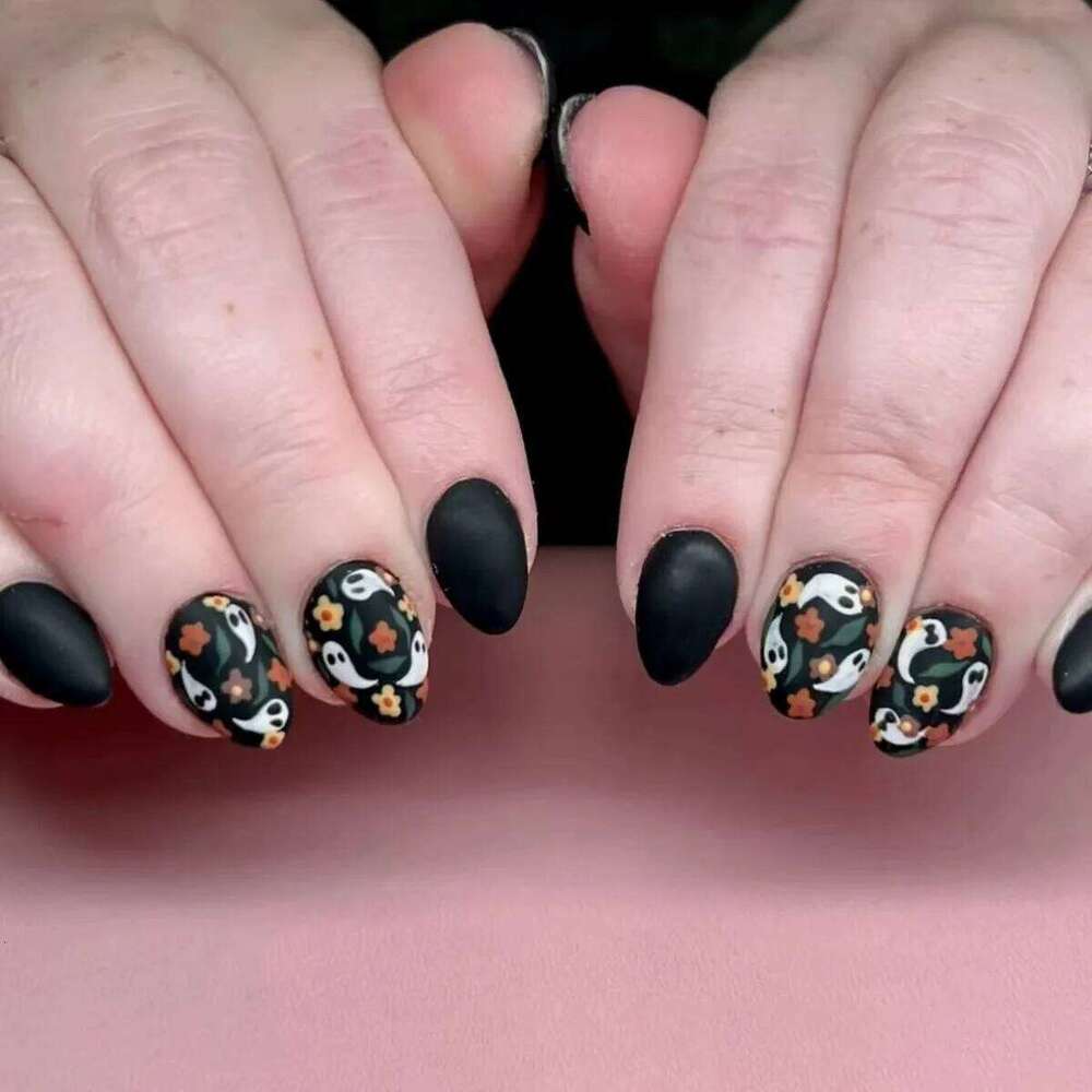 24pcs Al Cute Flower Ghost Pattern Design Fake Press On Halloween Short Oval Fashion Matte False Nails Wearable X250814