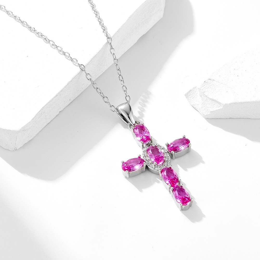Fashion New S Pure Sier Cross Zircon Necklace for Women Elegant Personality Colorful Gemstone Collarbone Chain