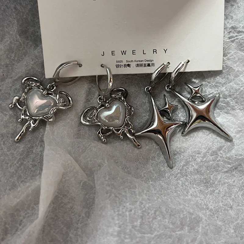 Simple Silver Color Star Earrings for Women Opal Stone Heart Hoop Earrings Punk Y2K Cute Daily Wear Jewelry Party Gifts XJ250814