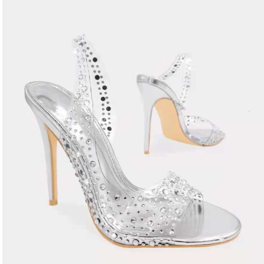 Designer Plus shoe Size Rhinestone High Heel Open Sandals for Women Pointed Back Strap Crystal Peep Toe Fashion Shoes