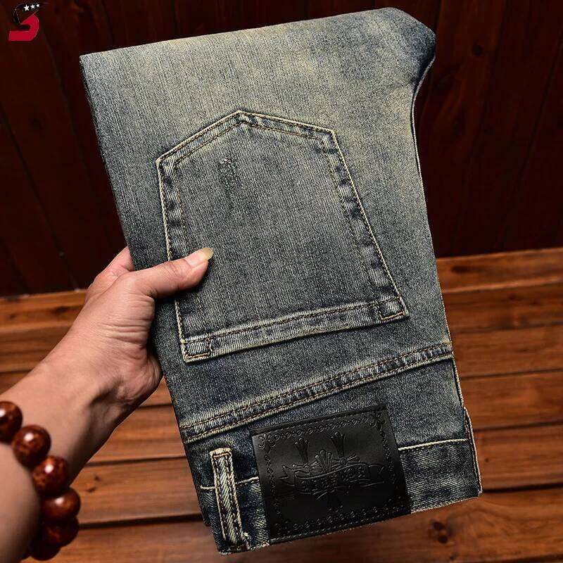 High-End Jeans Men's Autumn and Winter Trends Hole & Patch Light Printed Stretch Slim Fit Skinny Smart Trousers