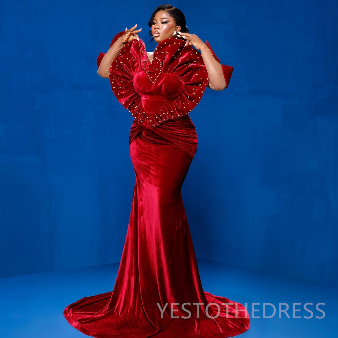 2025 Mermaid Dark Red Prom Dresses For Black Women Aso Ebi Heart Neckline Velvet Birthday Dress Second Reception Gown AM2634