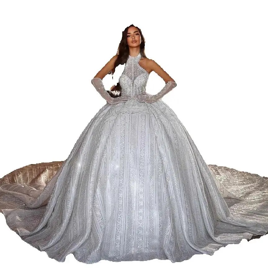 Gorgeous High Neck Ball Gown Wedding Dress Sequined Pearls Bridal Gowns Arabic Sleeveless Floor Length vestido de novia