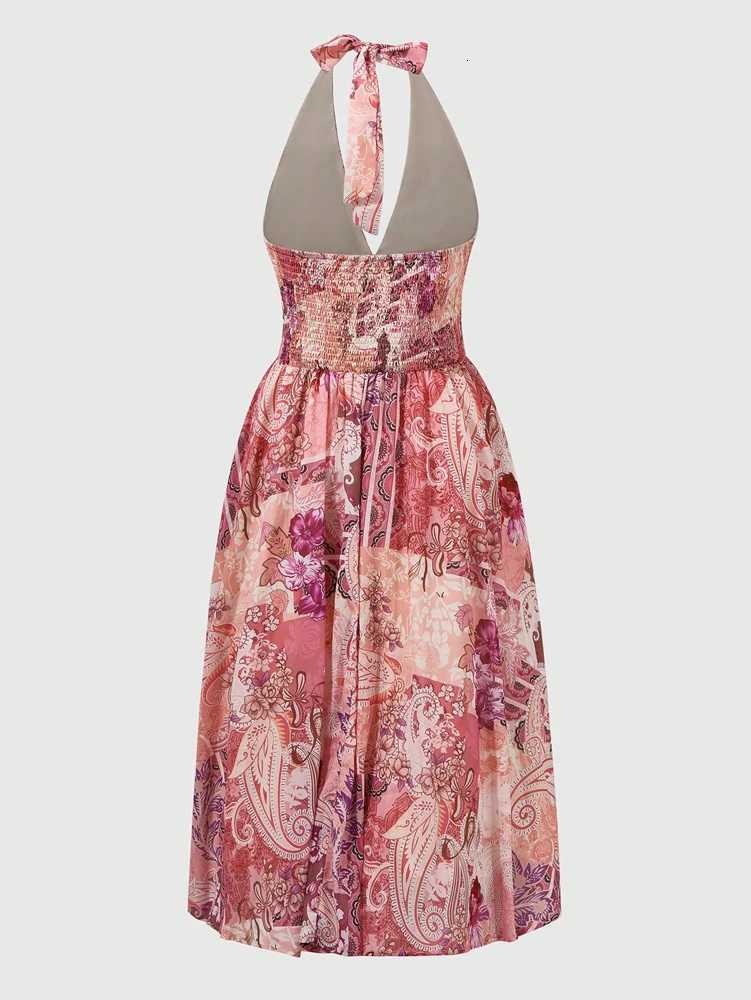 Floral Print Halter High Waist Flowy Midi Dress for Beach School/Graduation Evening Dating Backless XJ250814