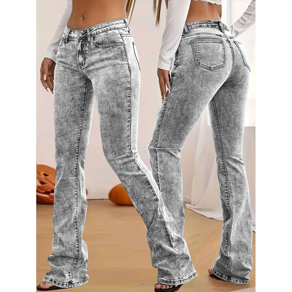 Fashion Women's Gray Low-Rise Slim Fit Bootcut Jeans, Y2K Style, Snow Wash, Streetwear Elegant Denim Pants