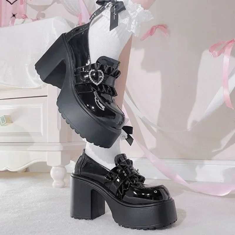 Sweet Heart-Shaped Buckle Lolita High Heels Pump Shoes for Women Y2k PU Leather Waterproof Platform Mary Janes Shoes W250814
