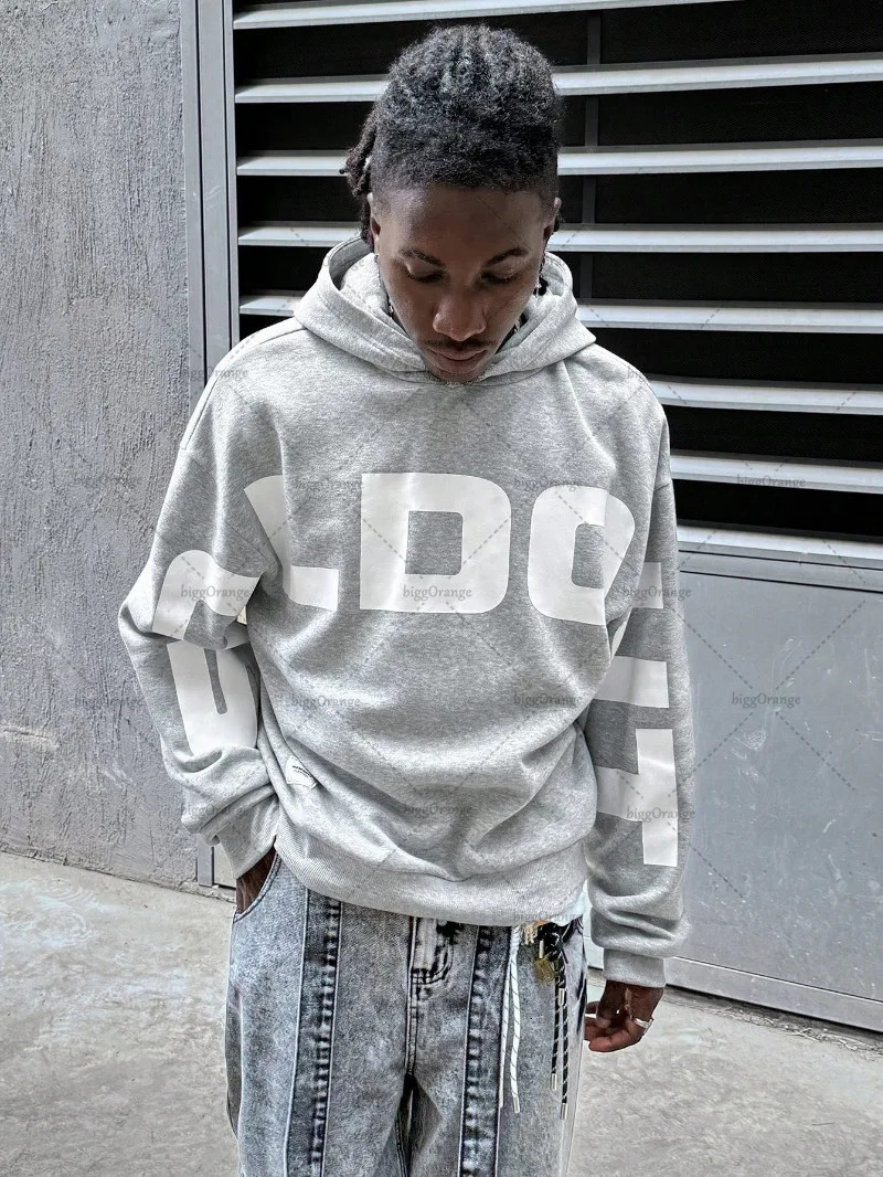 High Street Trendy Streetwear Hip-Hop American Retro Letters Gray Hoodie Gothic Harajuku Casual Loose Oversized Sweatshirt Men 250813