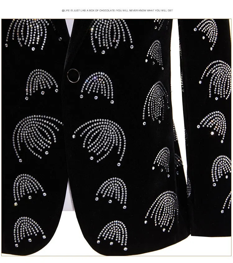 Black Velvet Rhinestones Suit Jackets Male Banquet Prom Groom Wedding Blazers Slim Fit Bar Concert Singer Host Tuxedo Stage Coat 250811