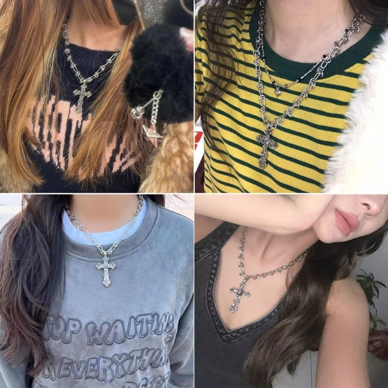 Vintage Cross Pendants Necklace for Women Kpop Punk Chain Necklaces Long Korean Fashion Retro Jewelry on The Neck Gift 250812