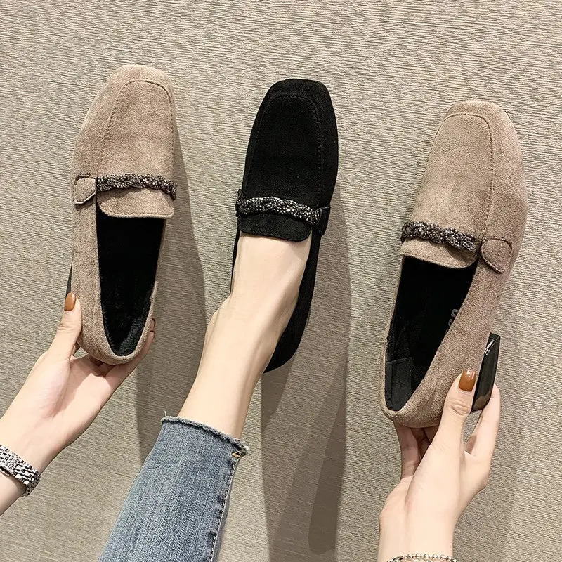 Autumn Winter Women Loafers Low Heels Boat Shoes Square Toe Dress Shoes Chain Faux Suede Plush Warm Ladies Shoes Plus Size 250809