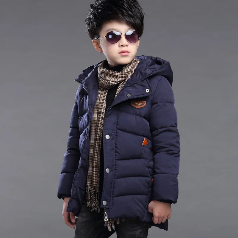 Childrens down jacket winter boys and girls Plush warm medium length jacket hooded large wool collar cotton padded jacket 250813