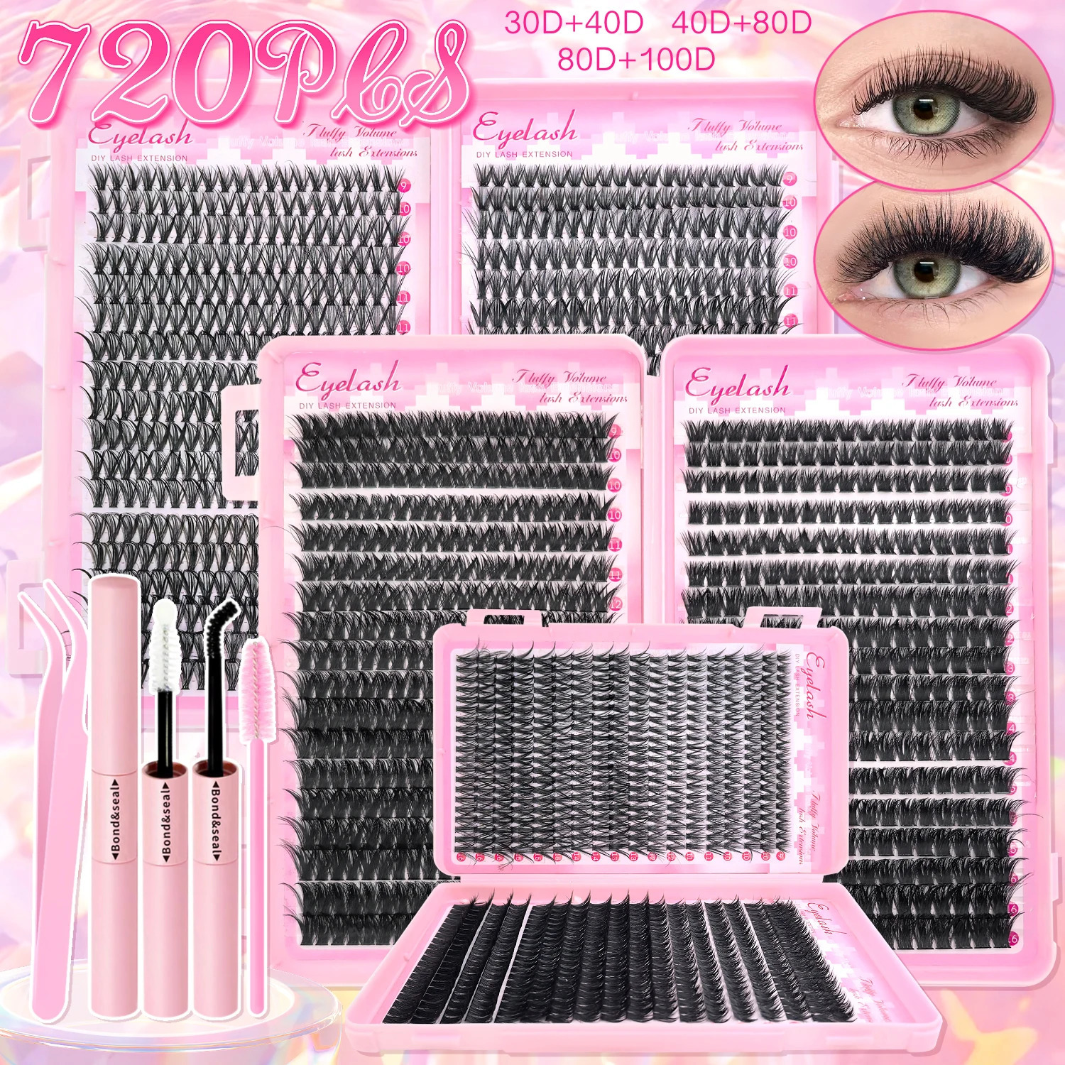 DIY Lash Kit 720pcs Clusters Individual Eyelashes with Bond and Seal Wispy Natural Mange Lashes 250811