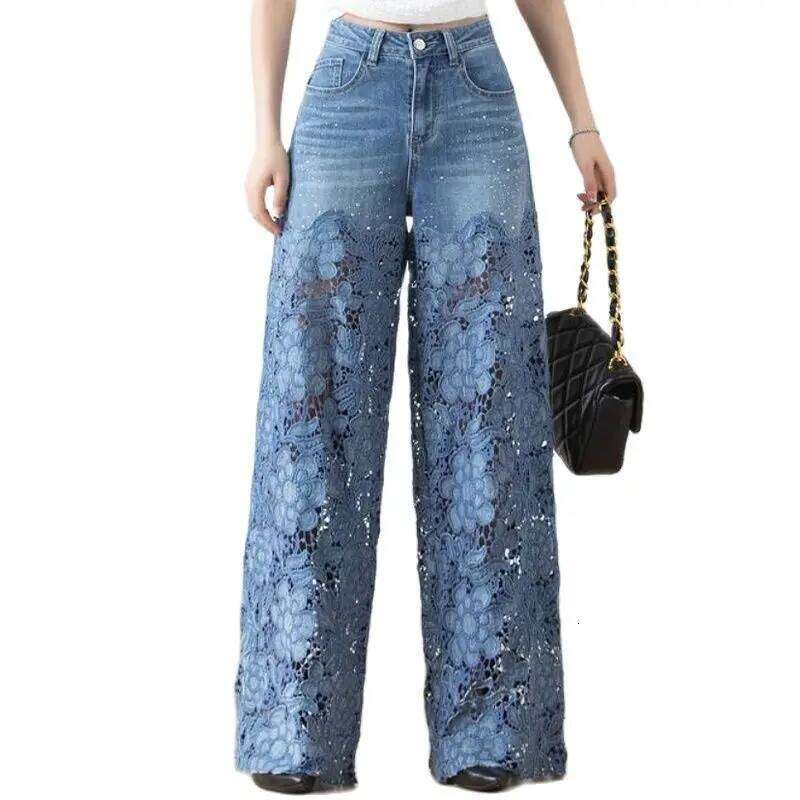 High-waisted Wide-leg Jeans Women's Fall 2023 Fashion Temperament Versatile Wisps Of Hollow Lace Panels Denim Draped Pants