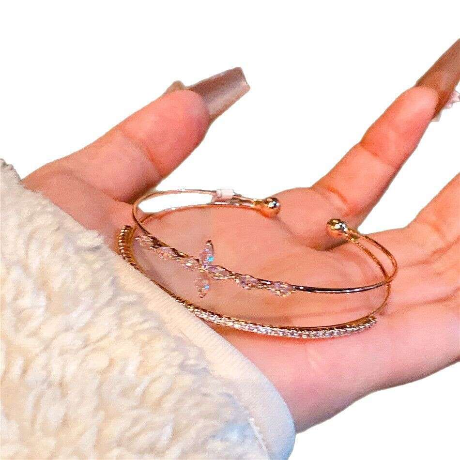 Rose Gold Cross Bracelet - Sparkling Zirconia Cuff Bangle for Women | Korean Trendy Jewelry (J1855)
