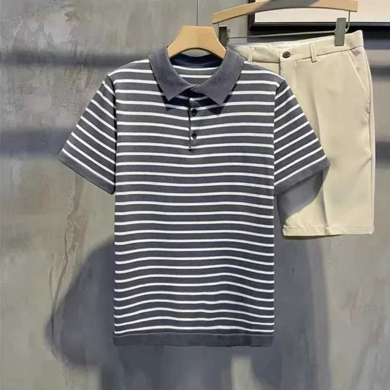 Summer Ice Silk T-Shirt Casual Slim Fit Lapel Breathable Quick Drying Mens Golf Polo Shirt Striped Short Sleeved Business Top XJ250804