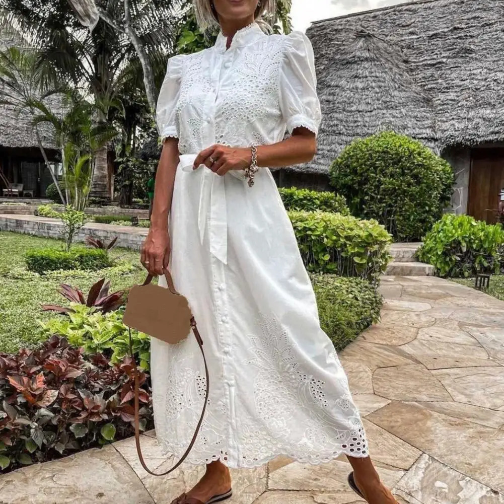 Lace-up Women Shirt Dress Summer Elegant Single Breasted Puff Sleeve Maxi Dress Vestidos Bohemian Sundress Party Robe 250813