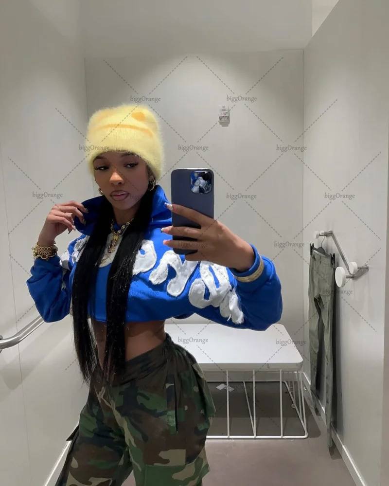 American style blue pullover trendy retro patchwork embroidery men hoodie sweatshirt Harajuku Gothic loose sweatshirt 250813