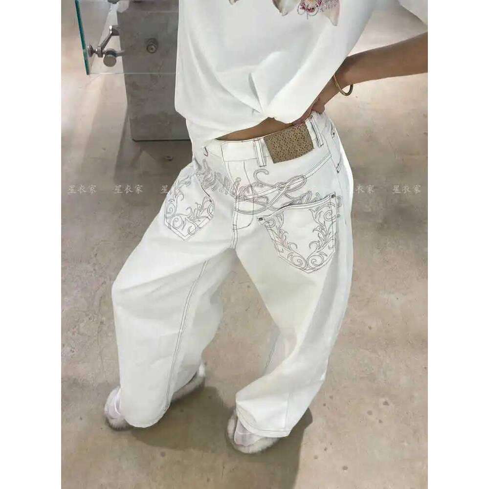 Women Embroidery Baggy Jean Japanese Y2K Streetwear Haruku Denim Pants Hip-pop 2000s Wide Leg High Street Cyber Punk Tomboy