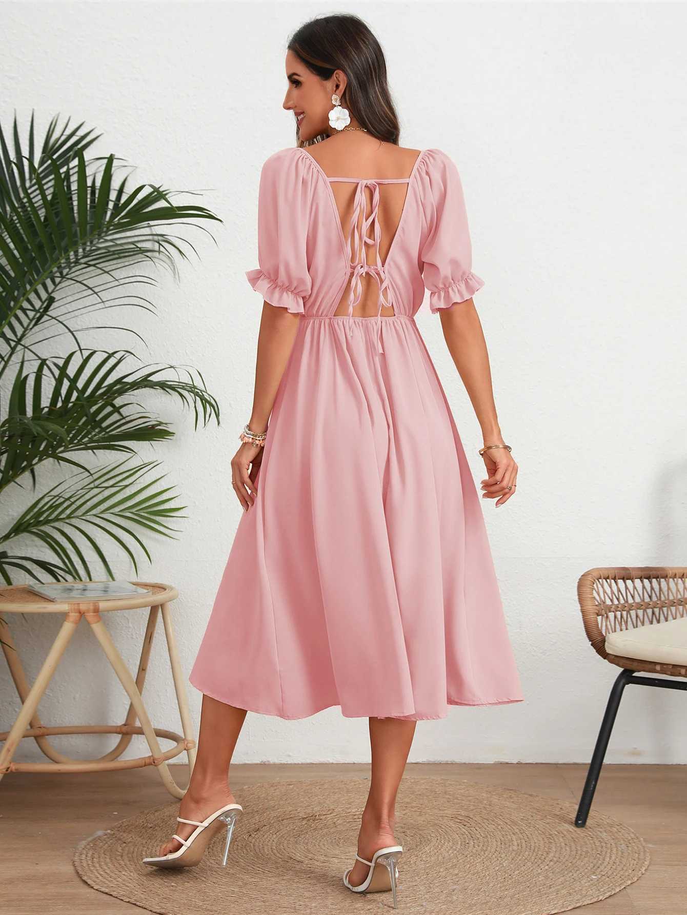 Summer Solid Color Ele Womens Dress New Back Lace Up Deep V Neck Lantern Sleeve Long Dresses XJ250814