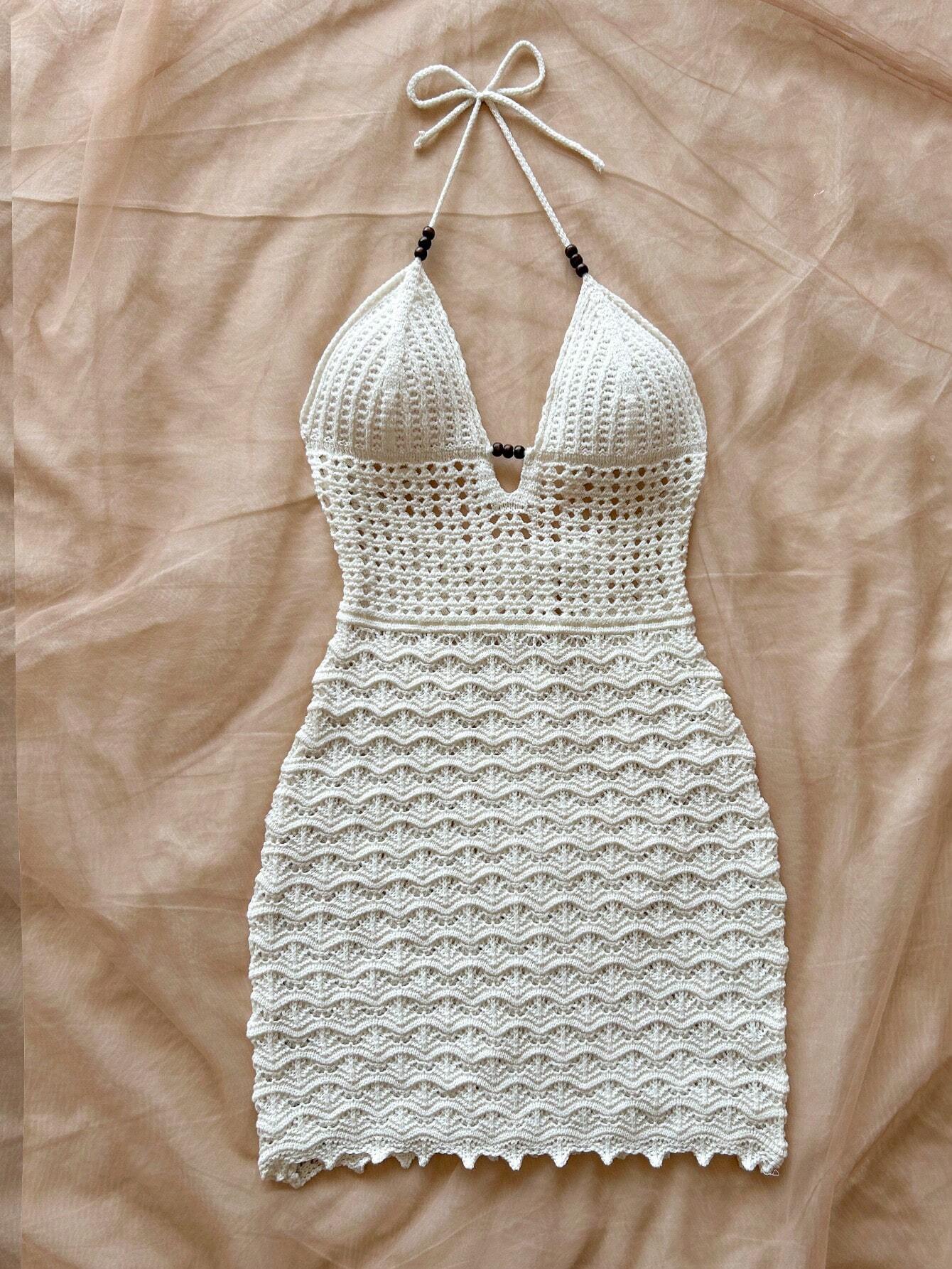 Summer Sexy V-Neck Hollow-Out Wooden Beads Fitted Dress, Vacation Spaghetti Strap Backless Ombre Knitted Dress