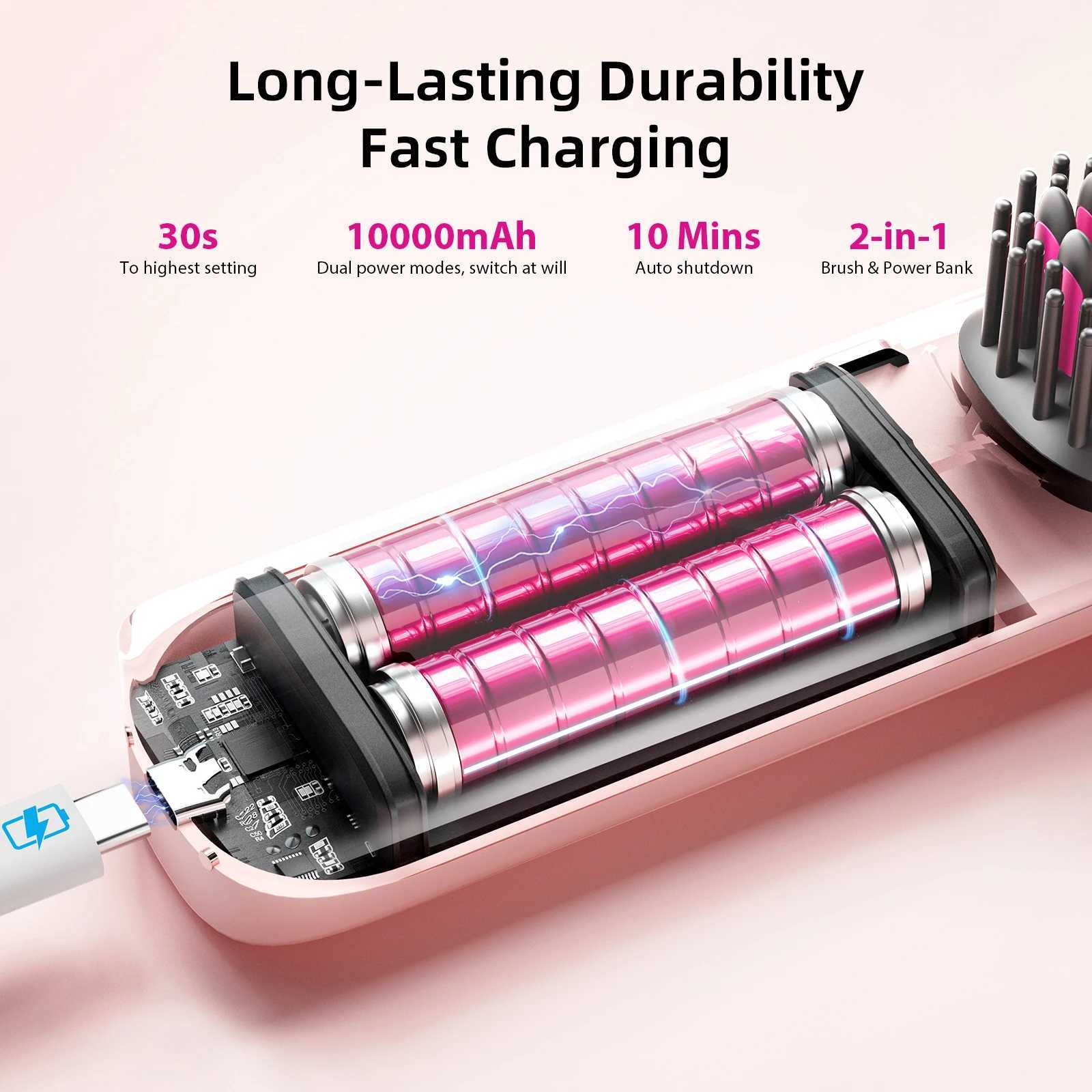 2 in 1 Portable Hair Straightener Brush Fast Heating Negative Ion Cordless Curling Comb 10000mAh 45W Fast Charging Power Bank W250814