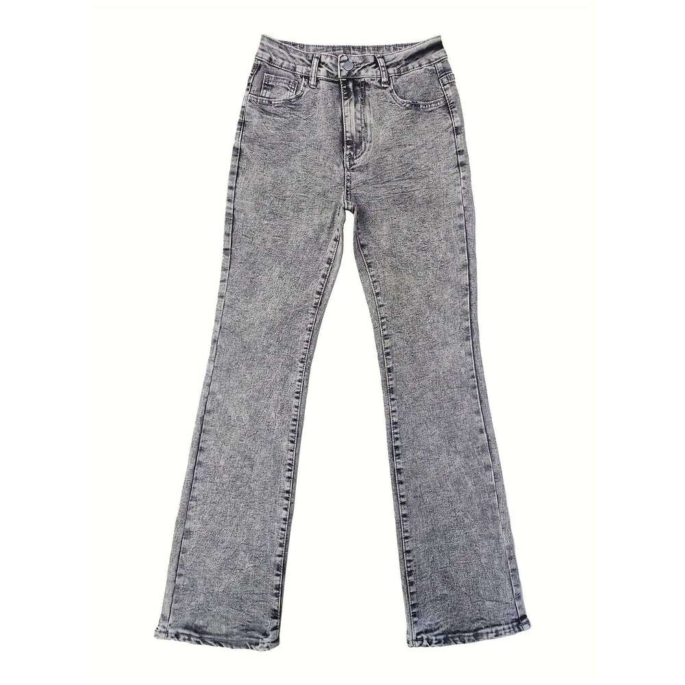 Fashion Women's Gray Low-Rise Slim Fit Bootcut Jeans, Y2K Style, Snow Wash, Streetwear Elegant Denim Pants
